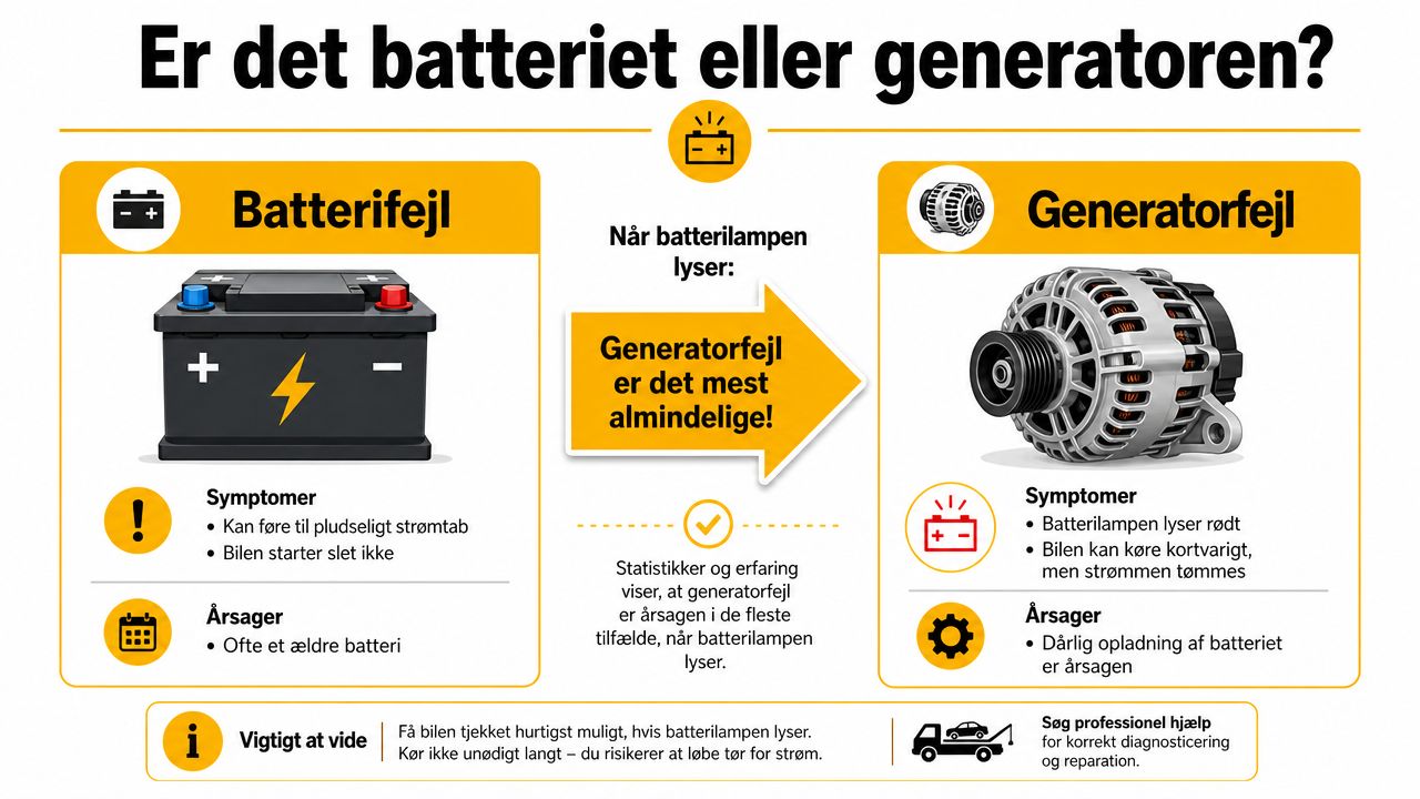 Infografik der viser forskellene mellem batterifejl og generatorfejl, når batterilampen i bilen lyser rødt.