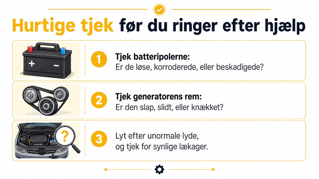 Grafisk oversigt med tre hurtige tjek af bilen, før man kontakter vejhjælp ved batteriproblemer.