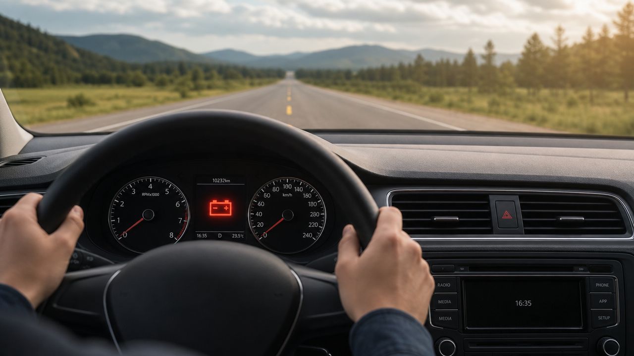 Bilens instrumentbræt viser en rød advarselslampe for batterifejl under kørsel på en åben landevej.