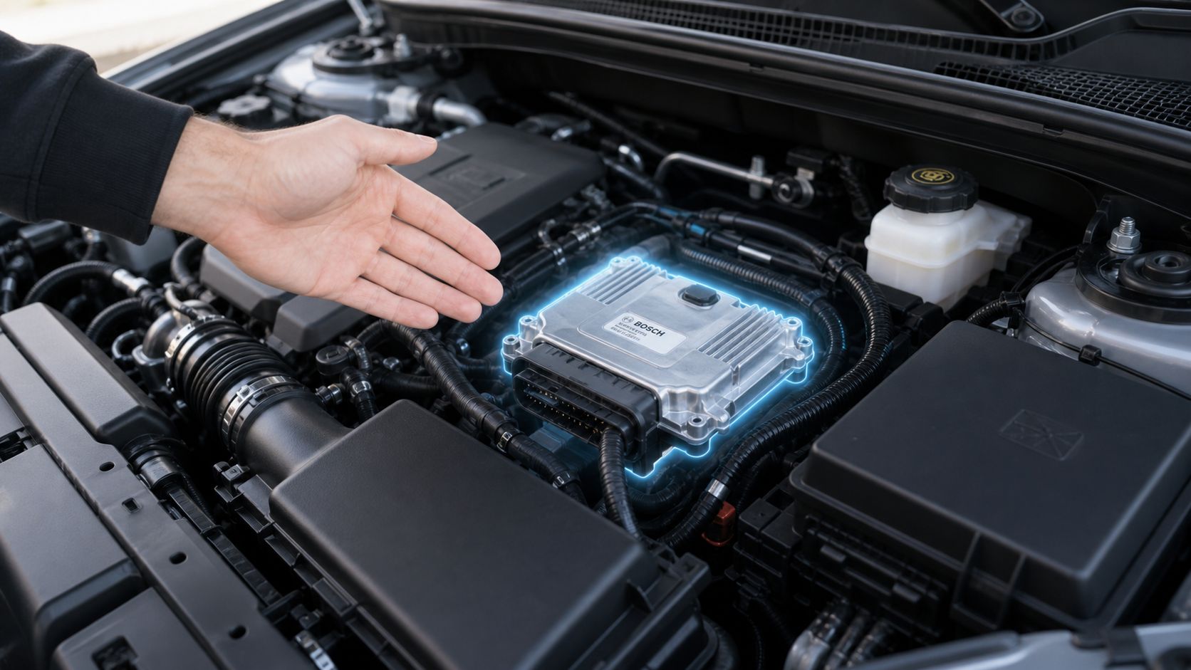 En person peger på en Bosch motorstyringsenhed i et åbent motorrum på en moderne bil.