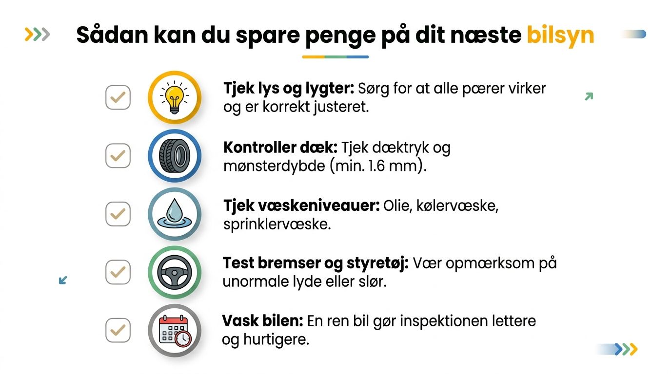 En infografik der viser fem gode råd til klargøring af bilen før et lovpligtigt bilsyn.