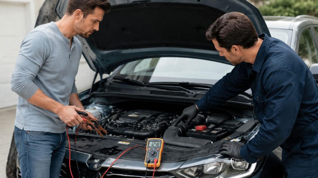 To mekanikere arbejder på bilmotor med multimeter og værktøj.