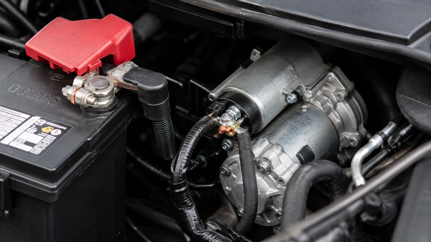 Nærbillede af et bilbatteri og en startmotor placeret i motorrummet på et køretøj under kølerhjelmen.