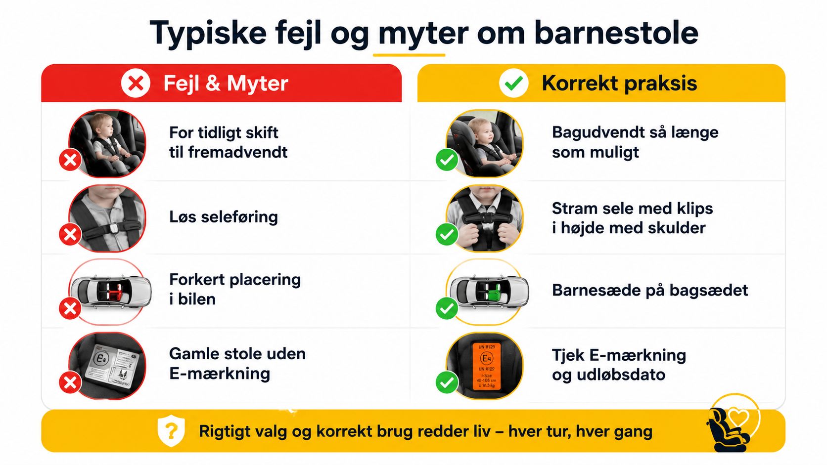Infografik der viser typiske fejl ved brug af barnestole i bil og den korrekte praksis for sikkerhed.