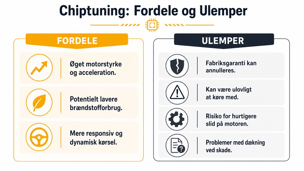 En grafisk oversigt over fordele og ulemper ved chiptuning af bilens motor og ydeevne.