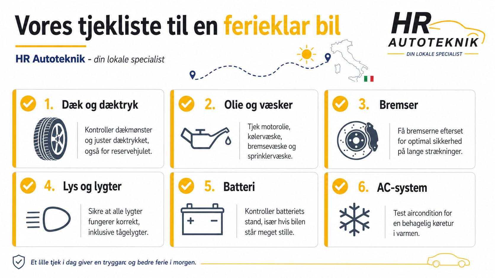 Tjekliste fra HR Autoteknik til ferieklar bil med seks vigtige punkter for sikker kørsel til Italien.