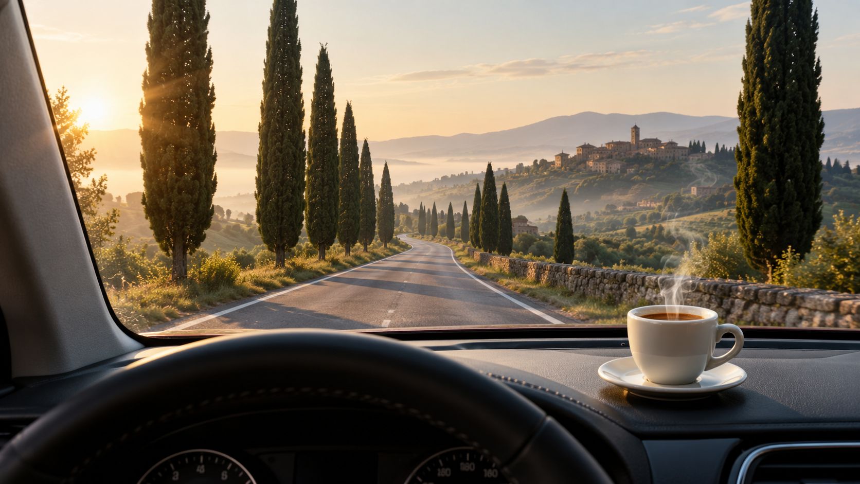 En kop varm kaffe på et bils instrumentbræt med udsigt over et smukt italiensk landskab i solopgang.