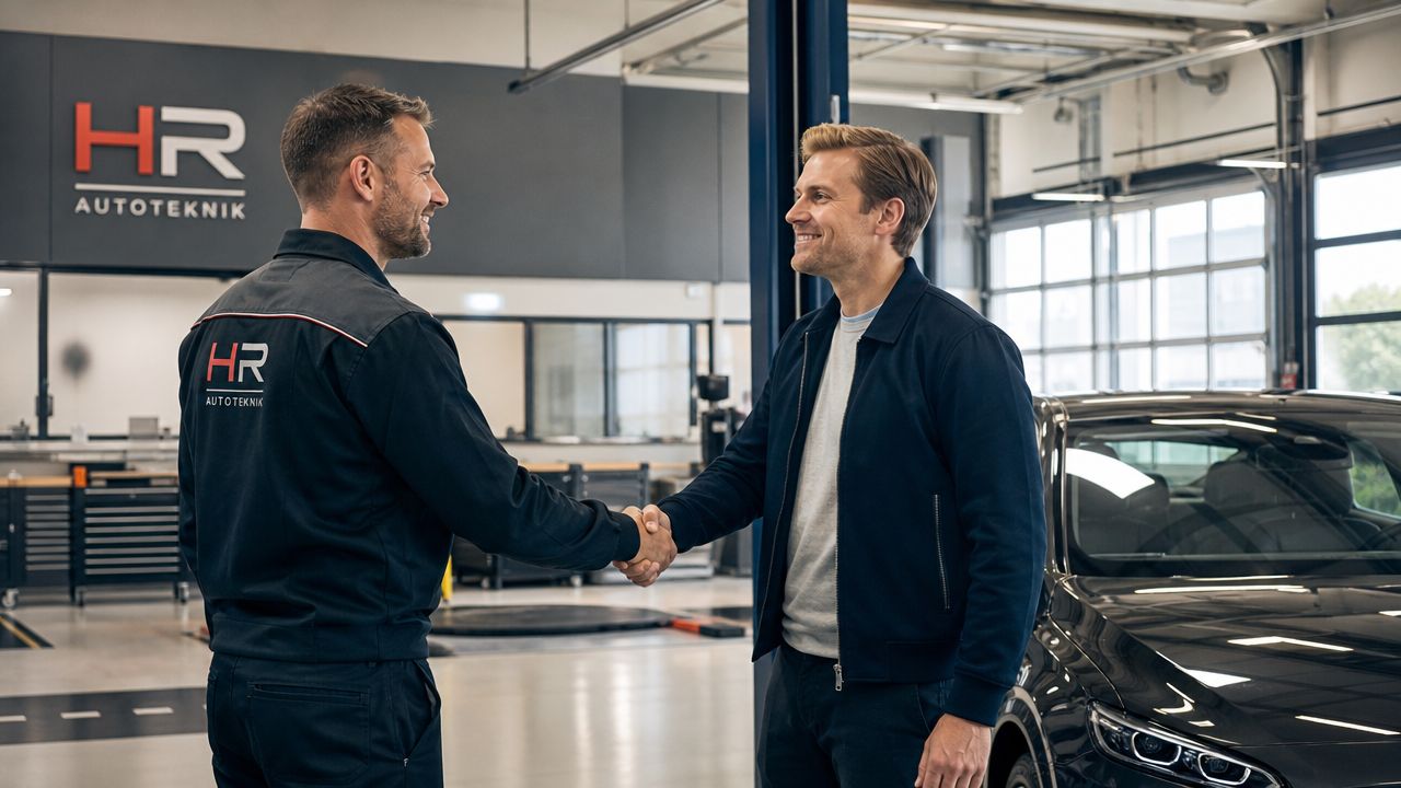 En mekaniker og en kunde giver håndtryk foran en elbil på et professionelt værksted.