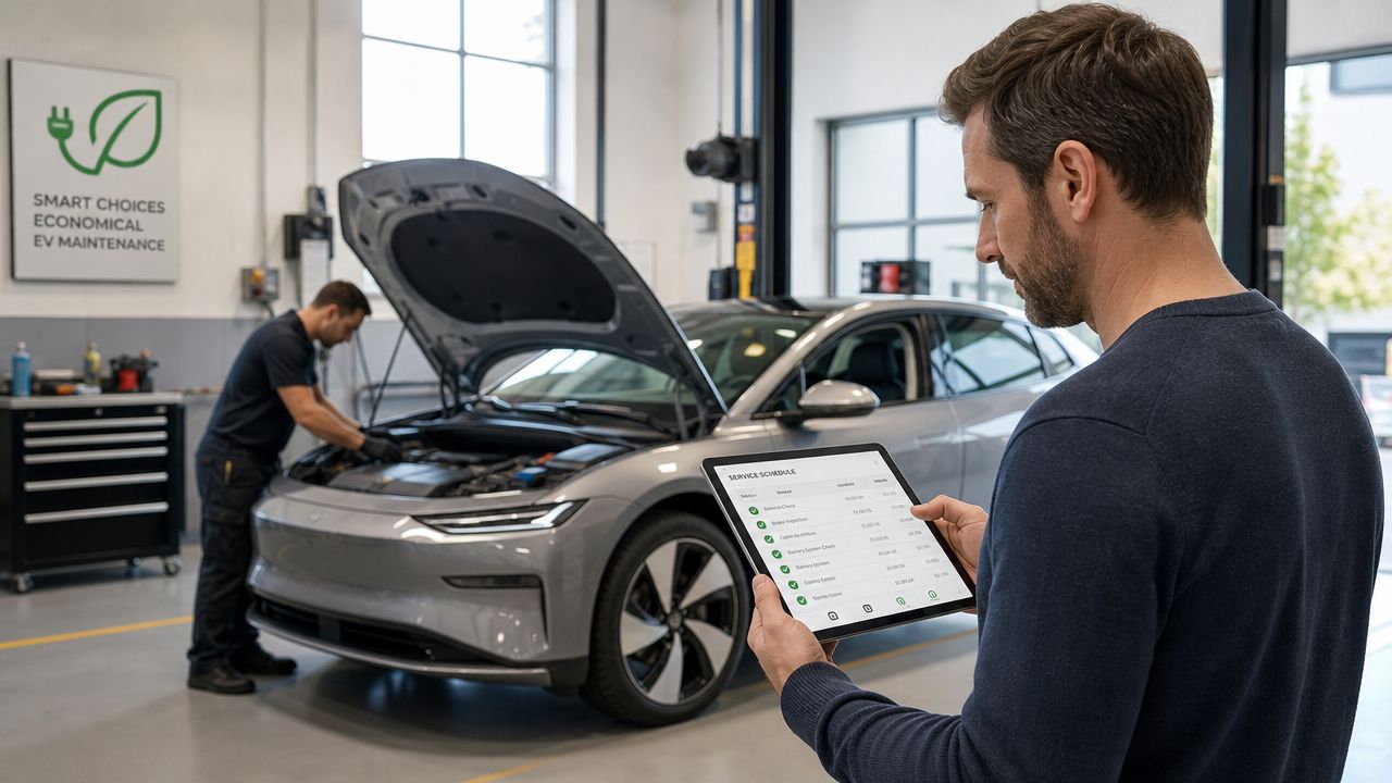En mekaniker inspicerer en elbil på et værksted, mens en kunde ser serviceplanen på en tablet.