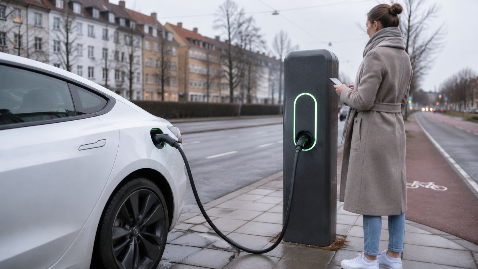 Kvinde oplader elbil ved ladestation i bymiljø.