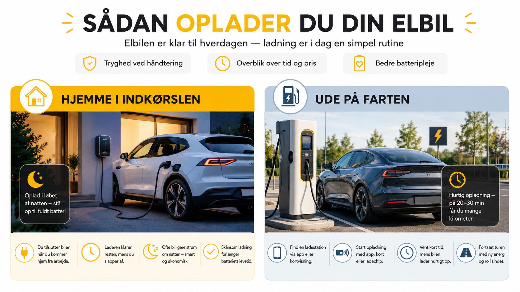 Billede af elbil, der lades hjemme og ude med ladestationer.