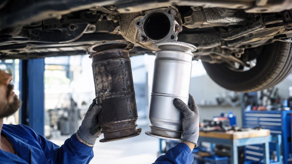 Automekaniker udskifter bilfjedre under bilen i værksted.