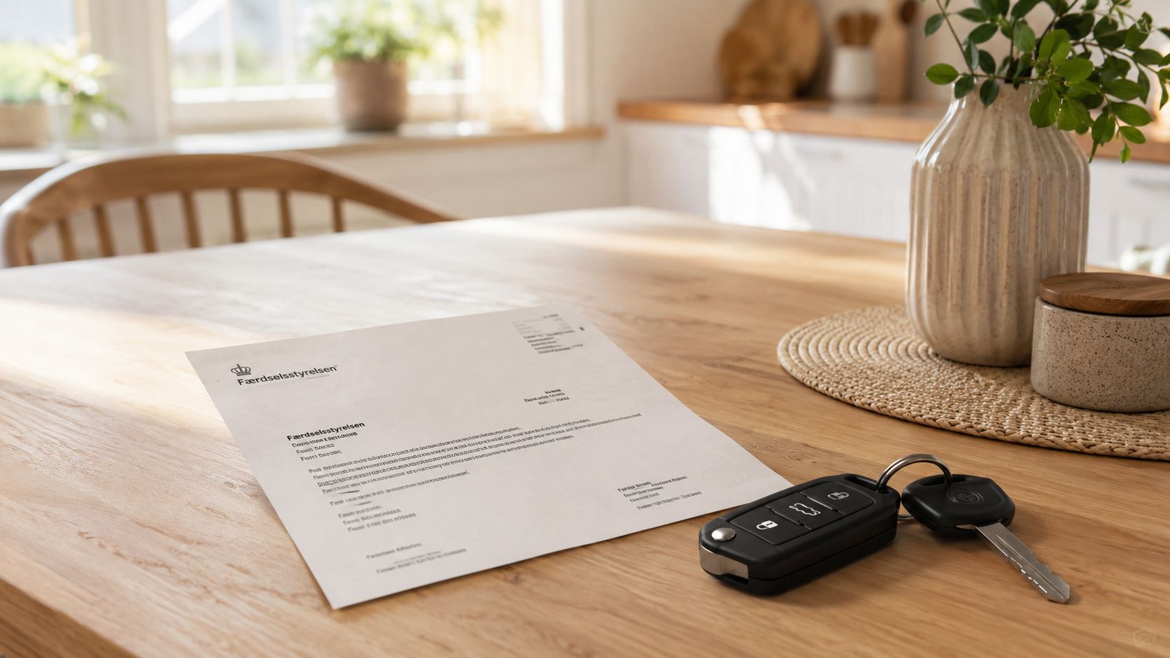 Et officielt brev fra Færdselsstyrelsen og en bilnøgle placeret på et træbord i et lyst køkken.