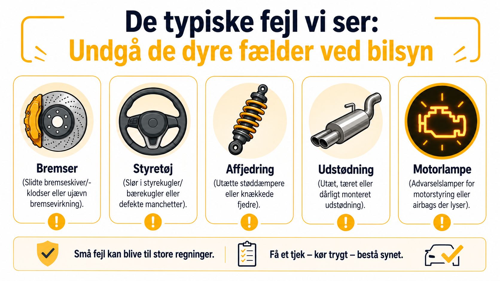 Infografik med fem typiske bilfejl der kan føre til en dyr regning ved bilsyn i Danmark.