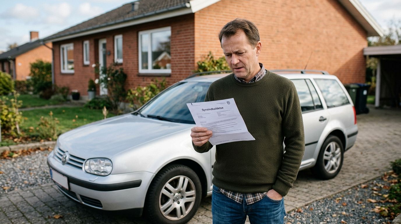 En midaldrende mand står foran sin bil og holder en dansk indkaldelse til syn i hænderne.