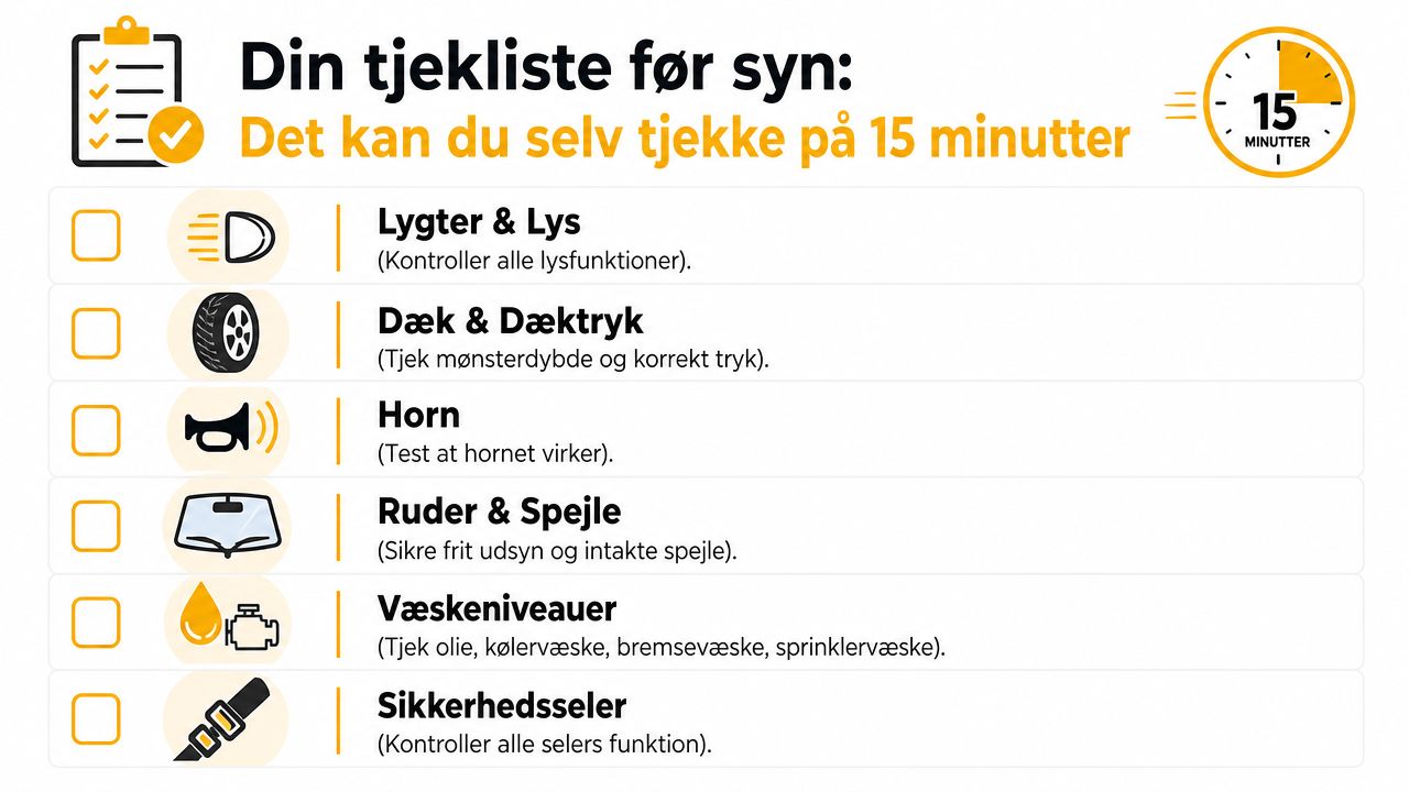 Tjekliste til klargøring af bil før syn, der indeholder seks vigtige punkter til 15 minutters kontrol.