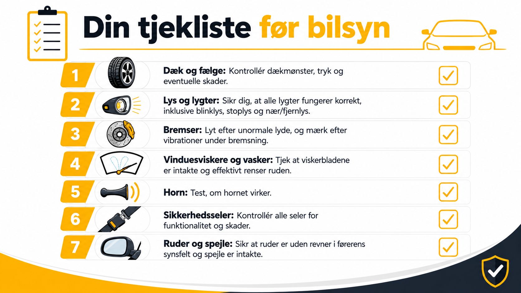 En tjekliste med syv punkter, der viser hvad man skal kontrollere før syn af bilen i Danmark.