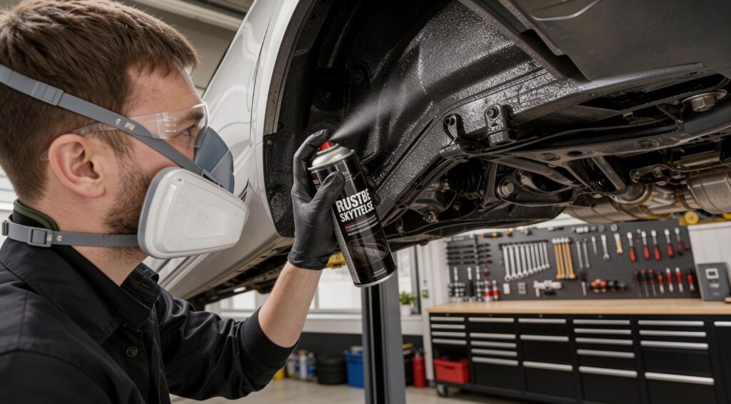 Mekaniker med maske og spray under bilen hos HR Autoteknik.