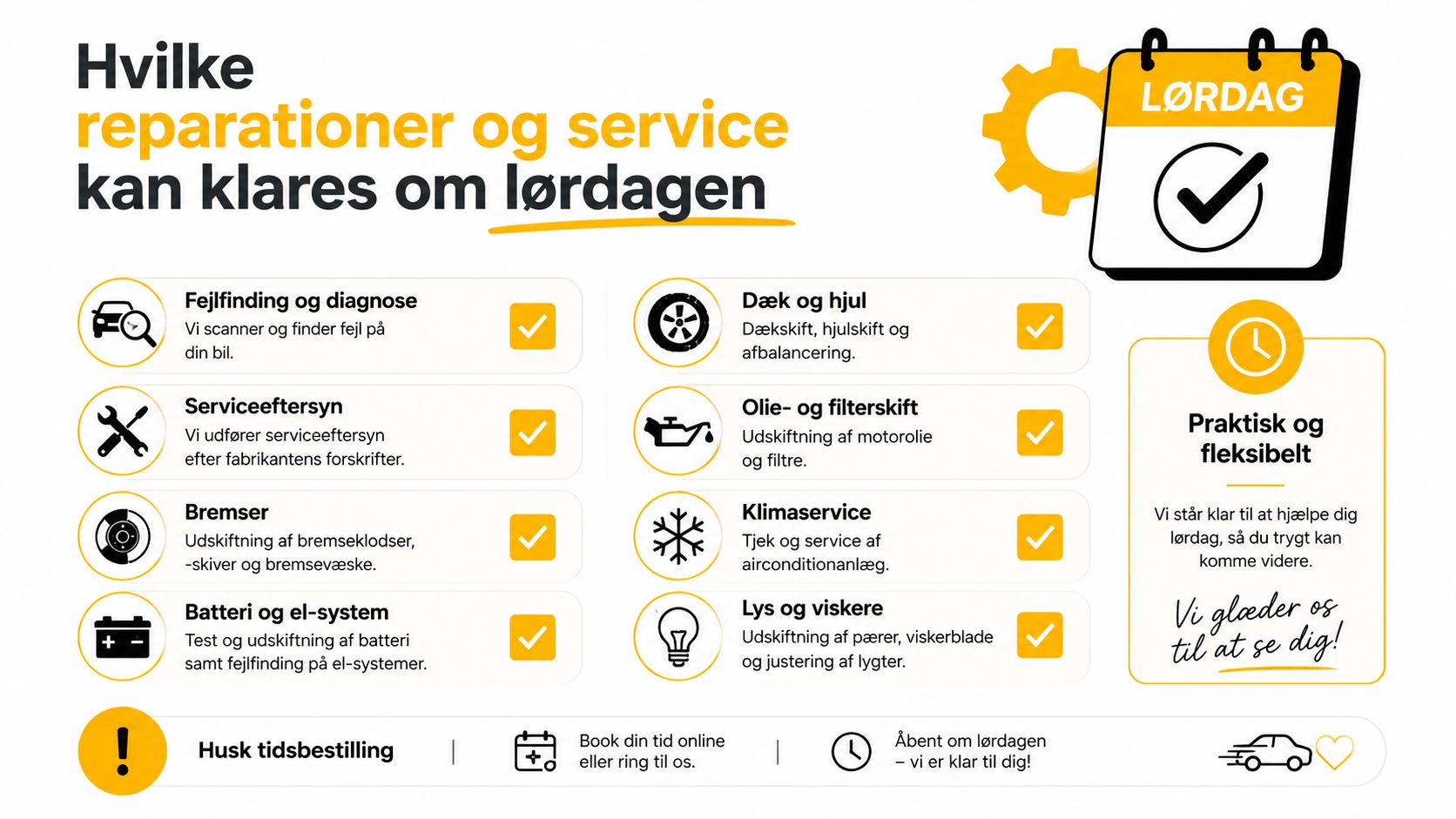 En infografik der viser hvilke bilreparationer og serviceeftersyn der kan udføres om lørdagen hos værkstedet.