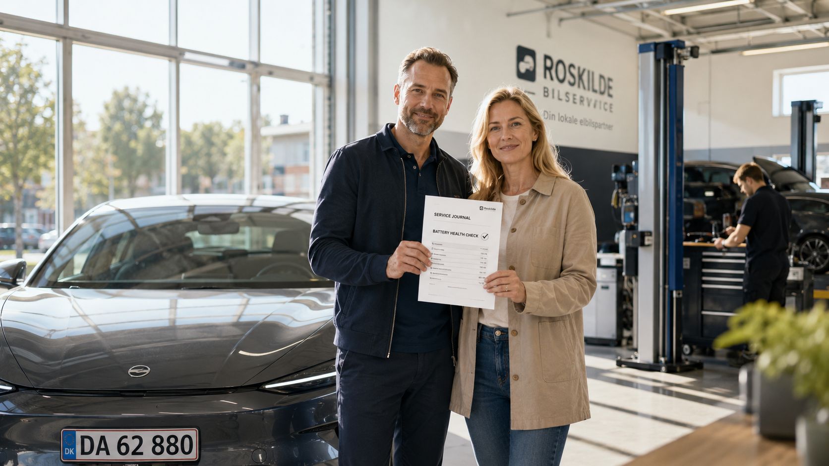 Et smilende par holder et batteri-helbredstjek i et professionelt autoværksted for elbiler med en moderne elbil.