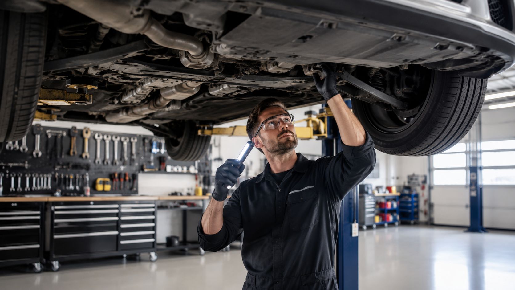 Automekaniker arbejder under bilen i værkstedet.