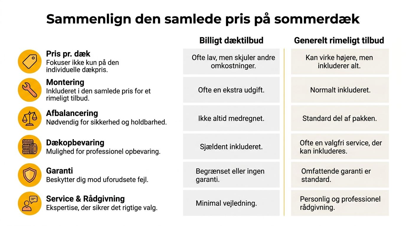 Sammenligning af billige dæktilbud overfor generelt rimelige tilbud på sommerdæk og hvad de inkluderer.