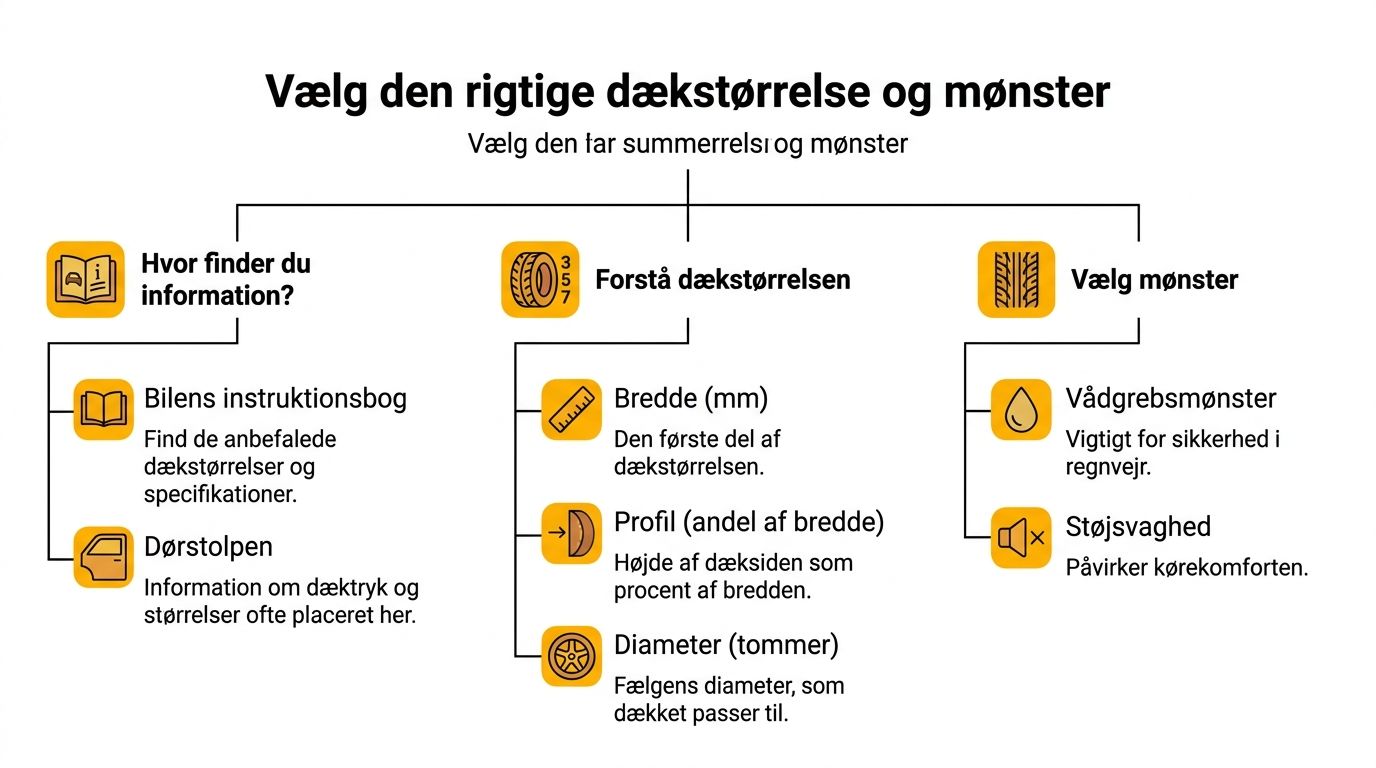 Infografik der viser hvordan man vælger den rigtige dækstørrelse og dækmønster til sin bil på dansk.