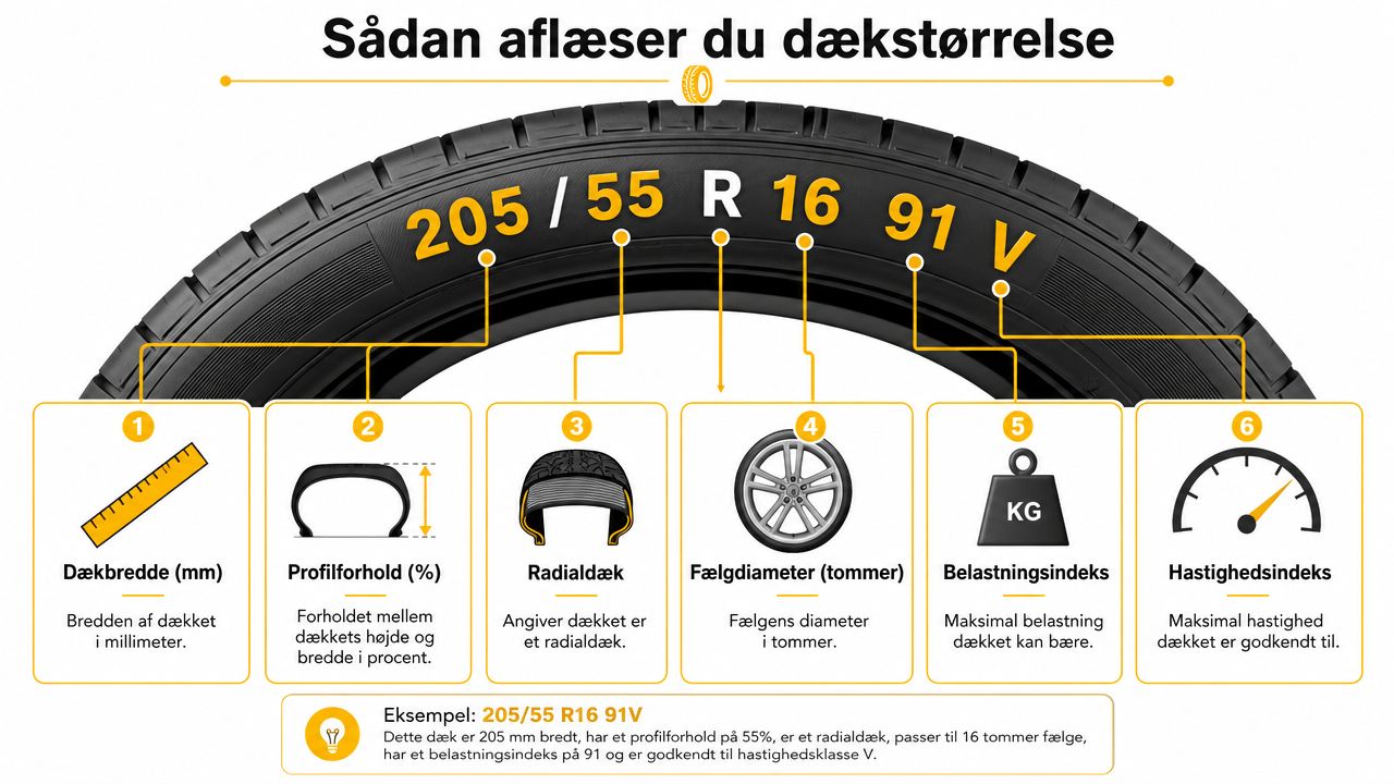 En infografik der forklarer hvordan man aflæser de forskellige tal og koder på en dækside.