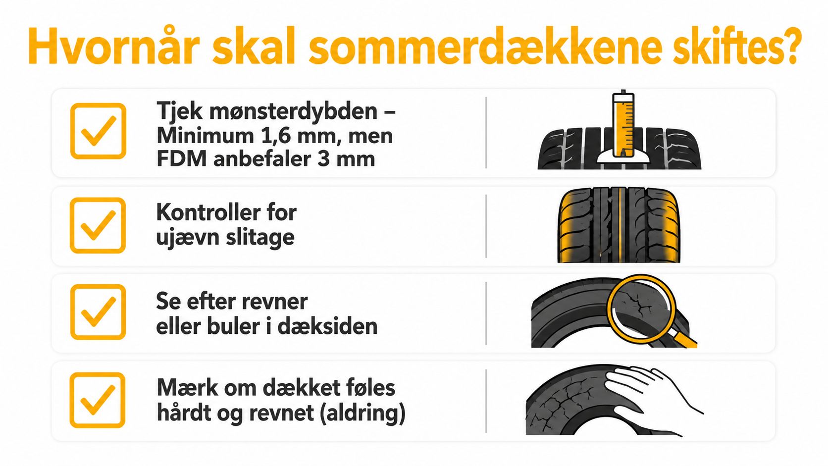 Infografik der viser fire vigtige punkter for hvornår man bør udskifte sine slidte sommerdæk på bilen.
