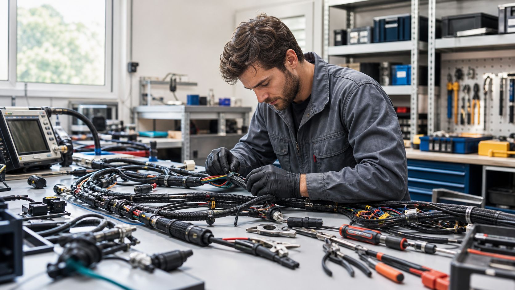 En tekniker arbejder fokuseret med montering og reparation af komplekse elektriske kabler og ledninger på et værksted.