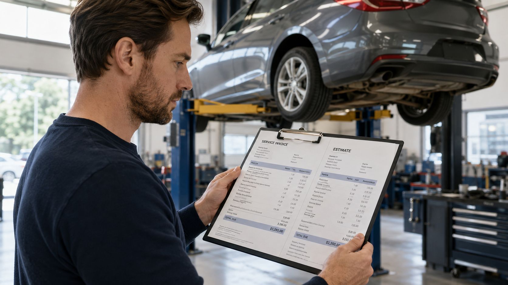En bilmekaniker gennemgår en detaljeret faktura og et prisoverslag for bilreparation mens bilen løftes på liften.