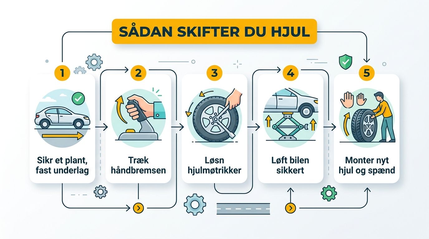En infografik i fem trin, der viser, hvordan man sikkert skifter et hjul på en bil.