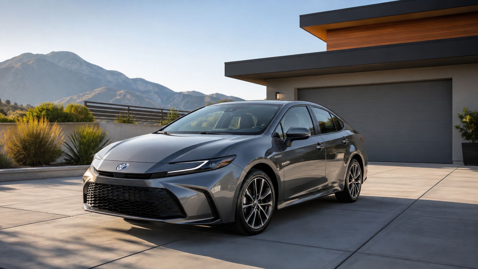 En elegant grå Toyota hybridbil parkeret på en moderne indkørsel foran et flot hus med bjerge i baggrunden.