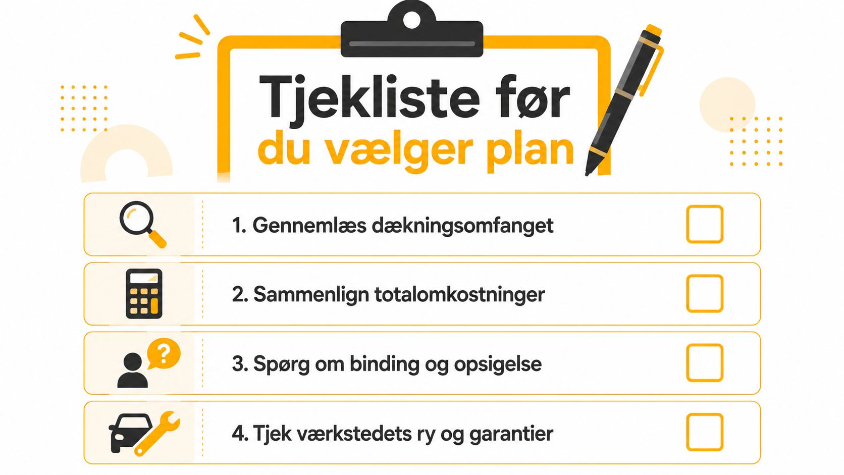 En tjekliste med fire vigtige punkter man bør overveje, før man vælger en ny serviceaftale eller plan.