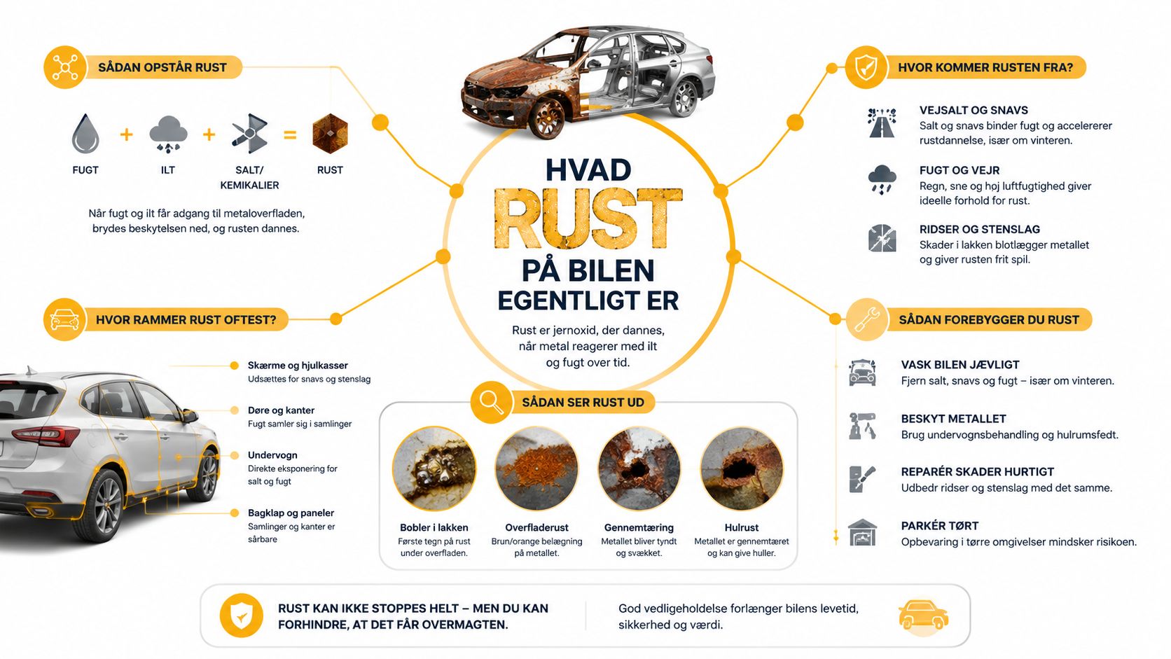 En informativ infografik på dansk, der forklarer hvordan rust opstår, hvorfor det sker, og hvordan det forebygges.