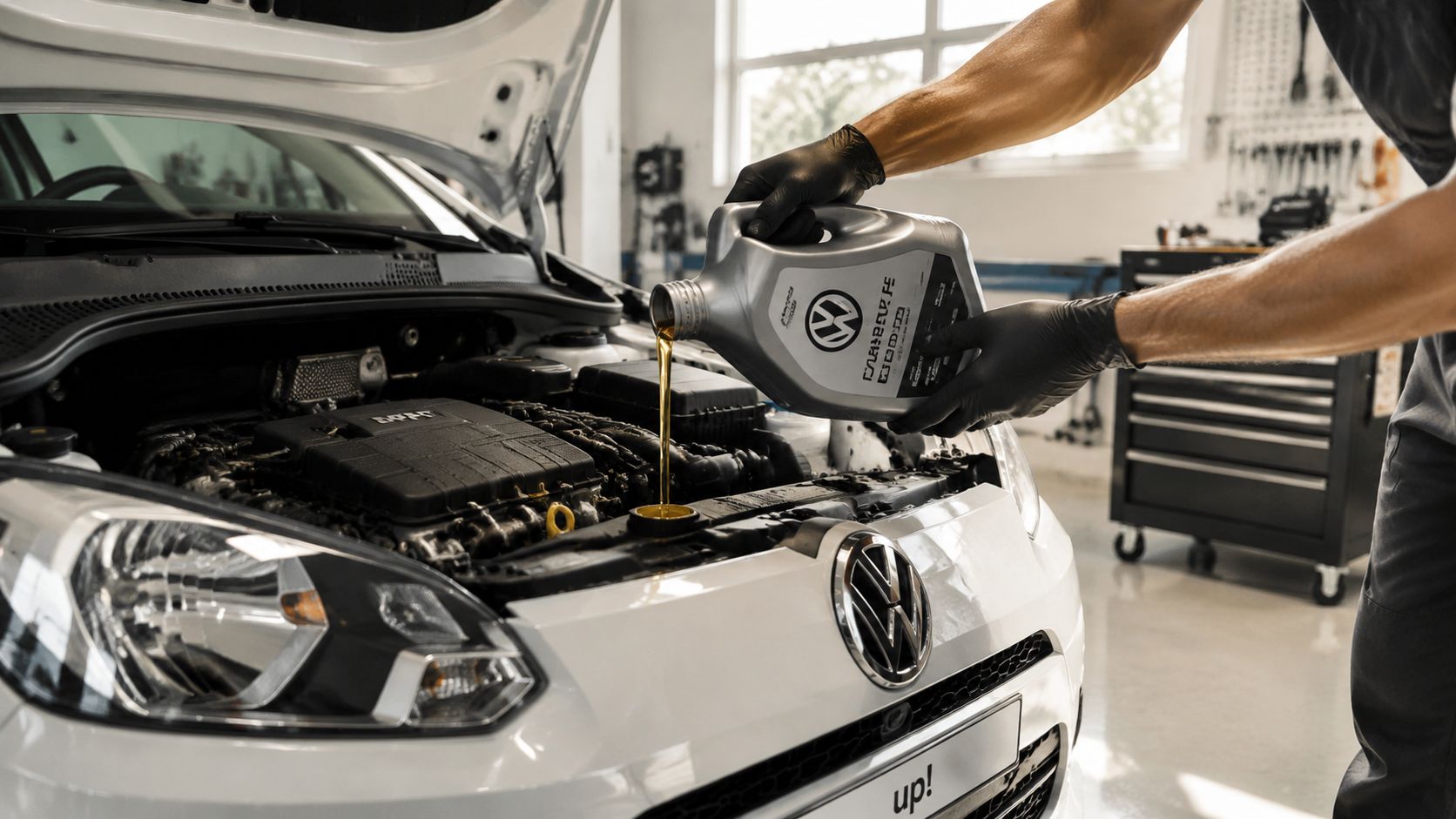 En mekaniker i sorte handsker hælder motorolie i motoren på en hvid Volkswagen up i et værksted.