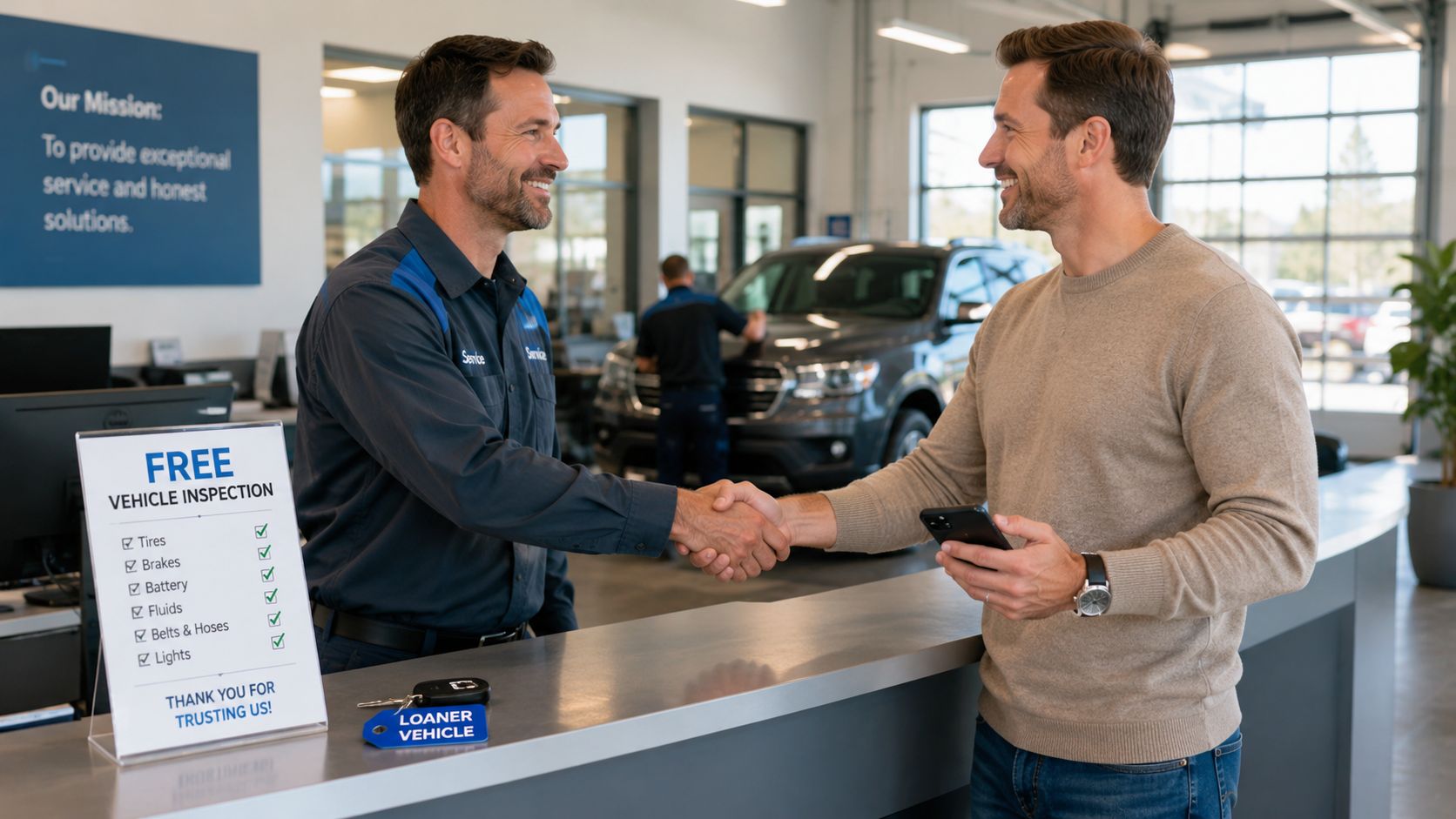 Kundeservice hos HR Autoteknik med håndtryk i bilværkstedet.