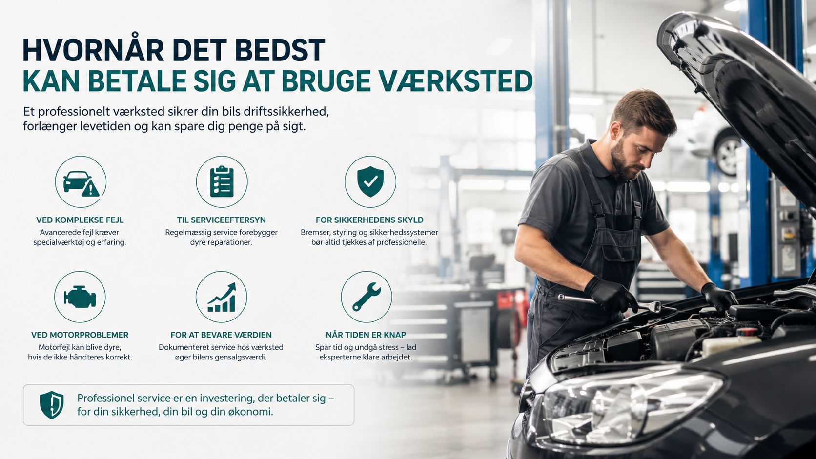 En mekaniker arbejder på en bil i et værksted med tekst om fordelene ved professionel bilservice.