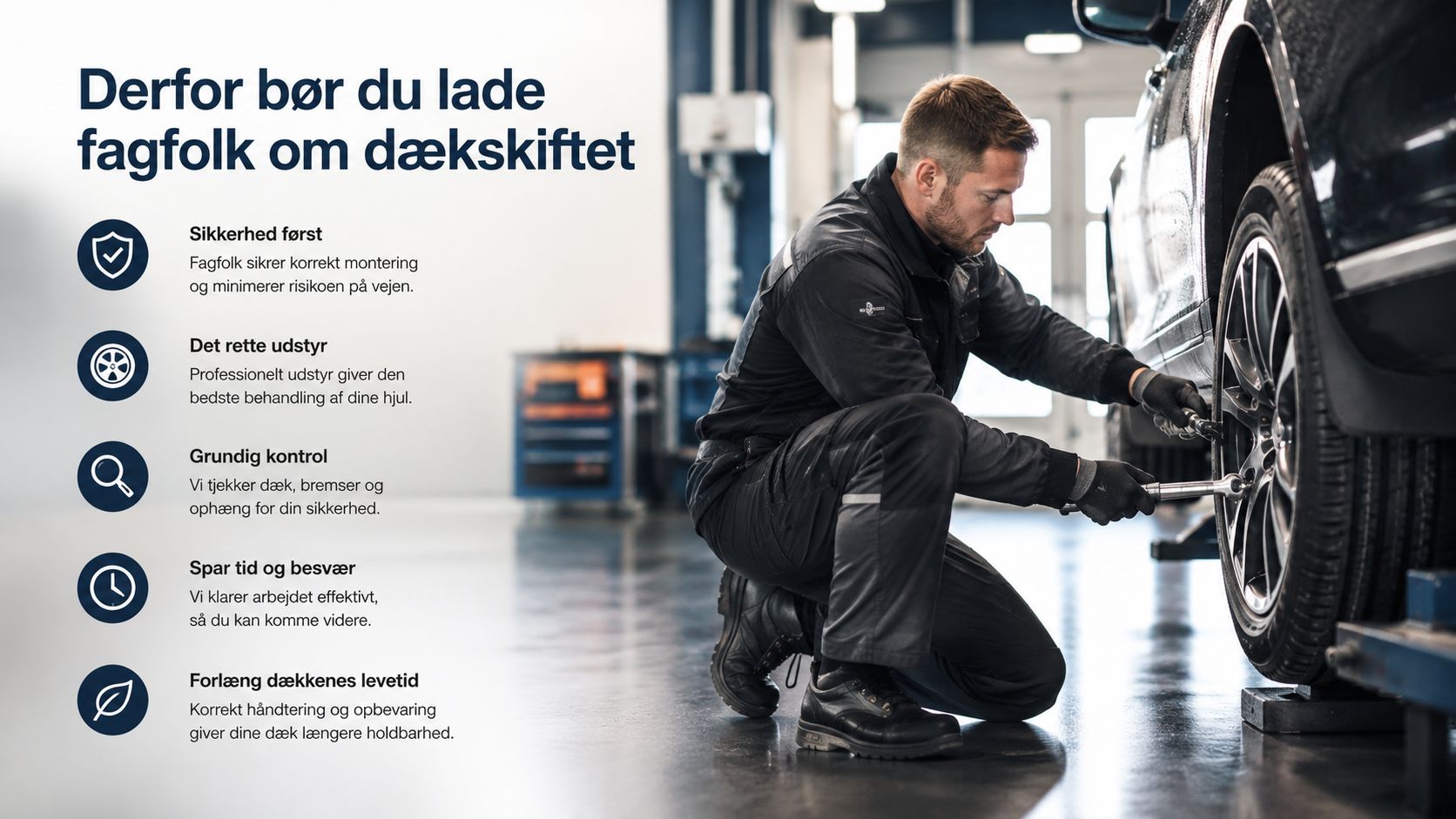 En mekaniker skifter professionelt et hjul på en bil i et værksted for øget sikkerhed og holdbarhed.