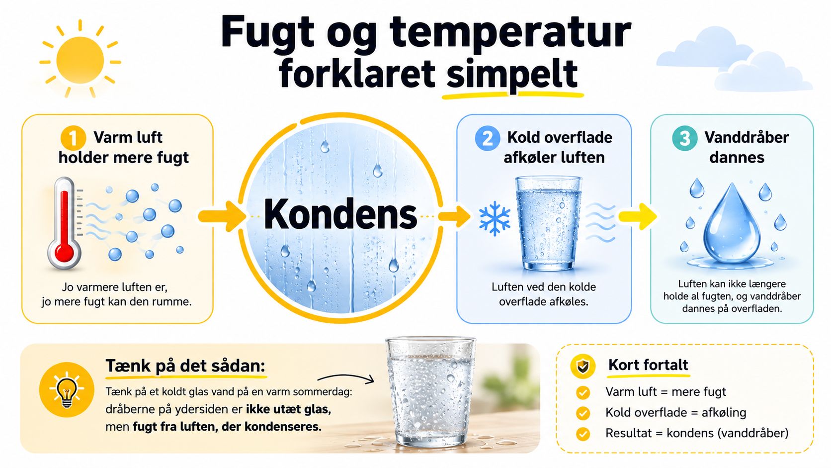En grafisk oversigt, der enkelt forklarer processen bag kondensdannelse og hvordan luftfugtighed påvirkes af temperaturforskelle.