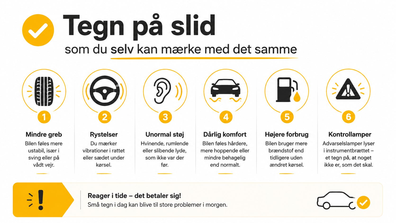 En infografik der viser seks tegn på slid på en bil som føreren selv kan mærke.