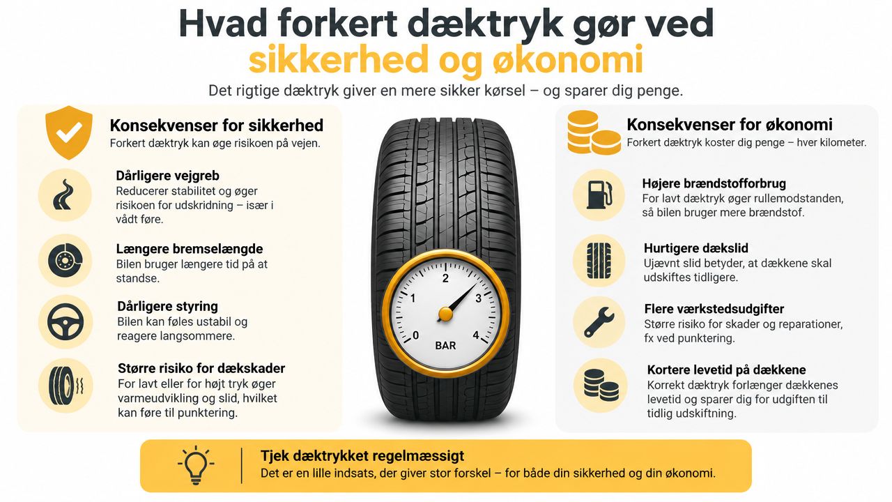 Infografik der viser vigtigheden af korrekt dæktryk for både trafiksikkerhed og bilens brændstoføkonomi.