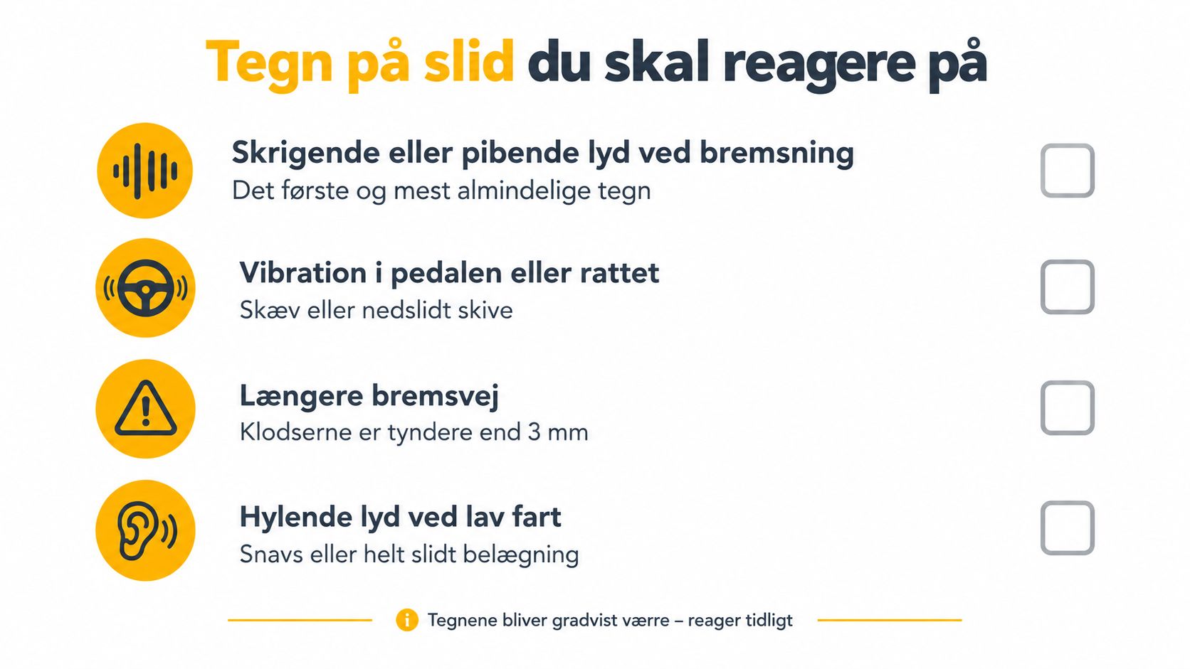En infografik der viser fire vigtige tegn på slidte bremser, som bilister bør reagere på med det samme.