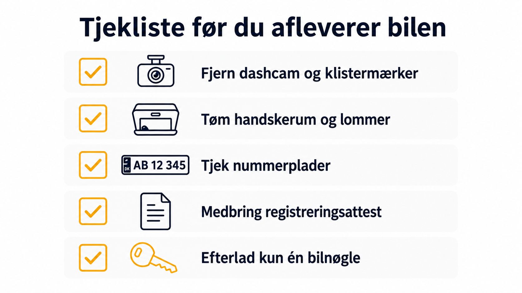 Tjekliste med fem vigtige punkter man skal gennemgå, før man afleverer sin bil til service eller salg.