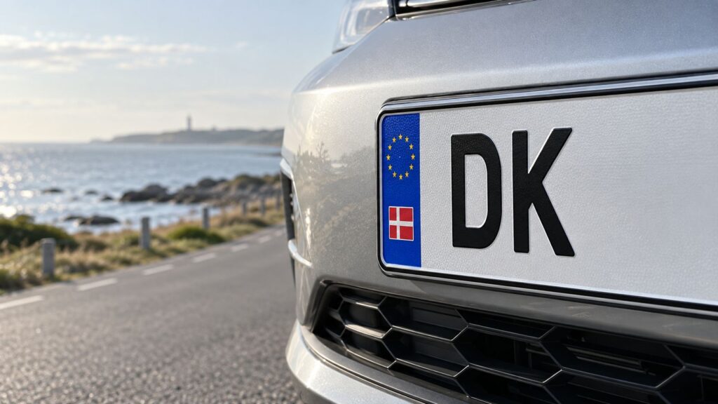 Dansk bil med DK-nummerplade ved kysten, HR Autoteknik.