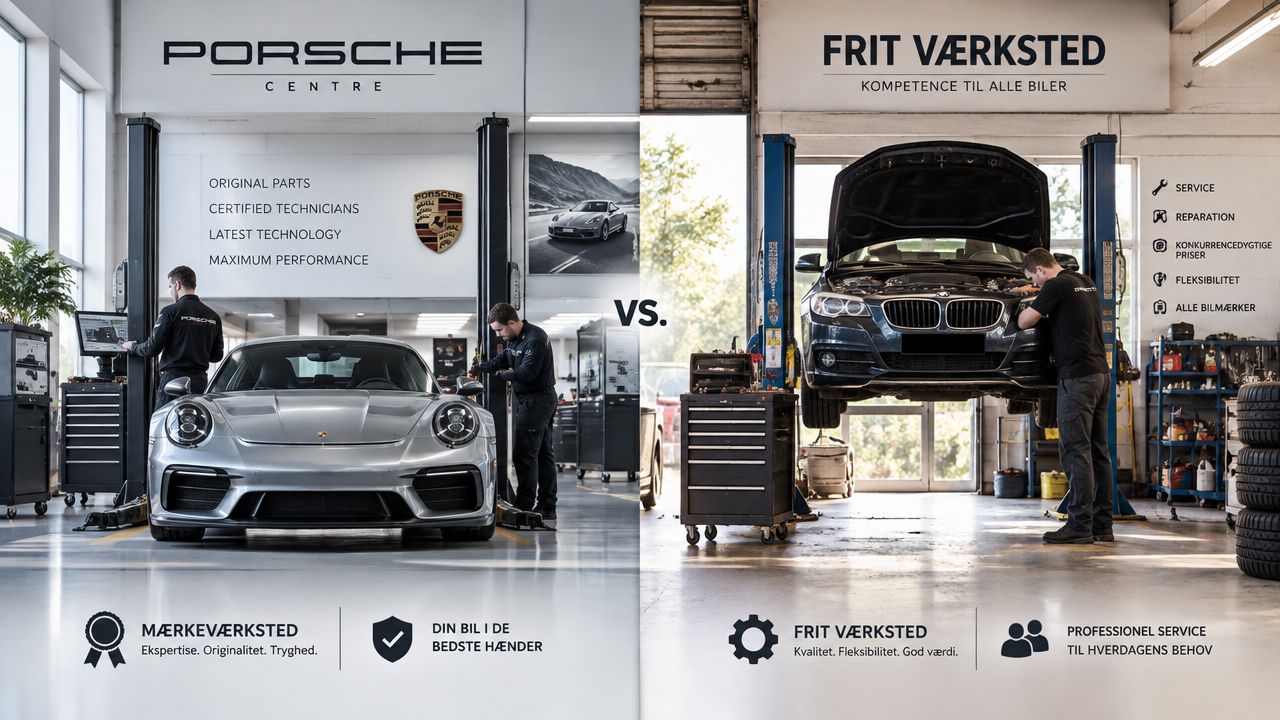 Sammenligning af Porsche mærkeværksted og frit værksted for vedligeholdelse og reparation af forskellige bilmærker i Danmark.