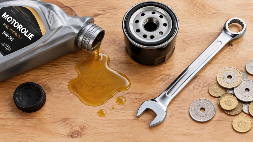 Motorolie, filter og værktøj til bilvedligeholdelse.