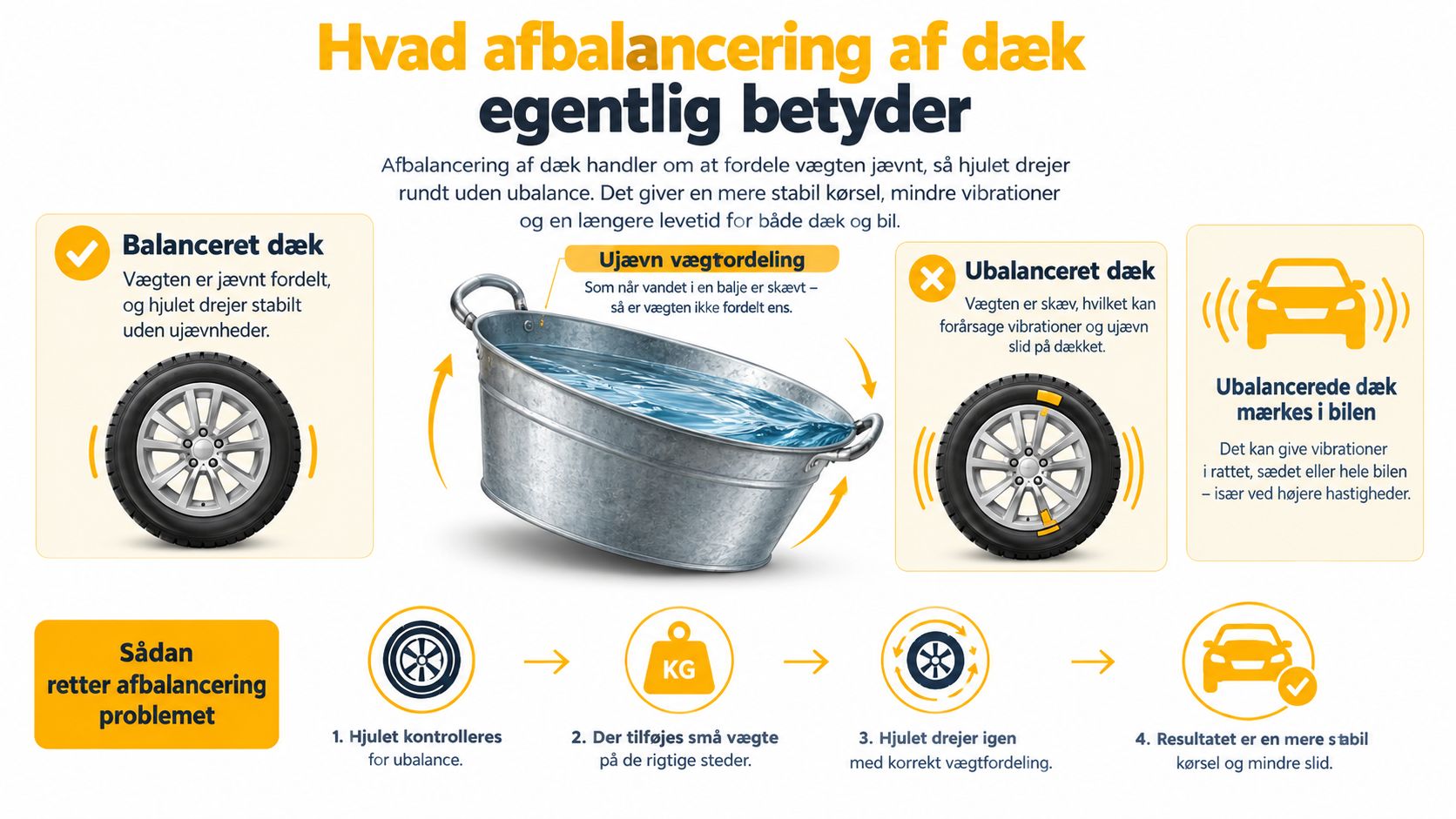 Illustration der forklarer vigtigheden af dækafbalancering for en stabil kørsel og mindre slitage på bilen.