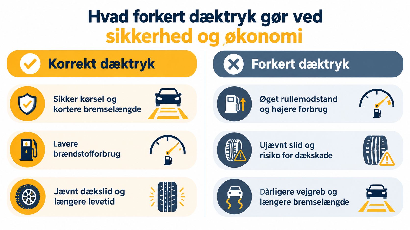 En infografik der viser fordele ved korrekt dæktryk og risici ved forkert dæktryk for bilister.