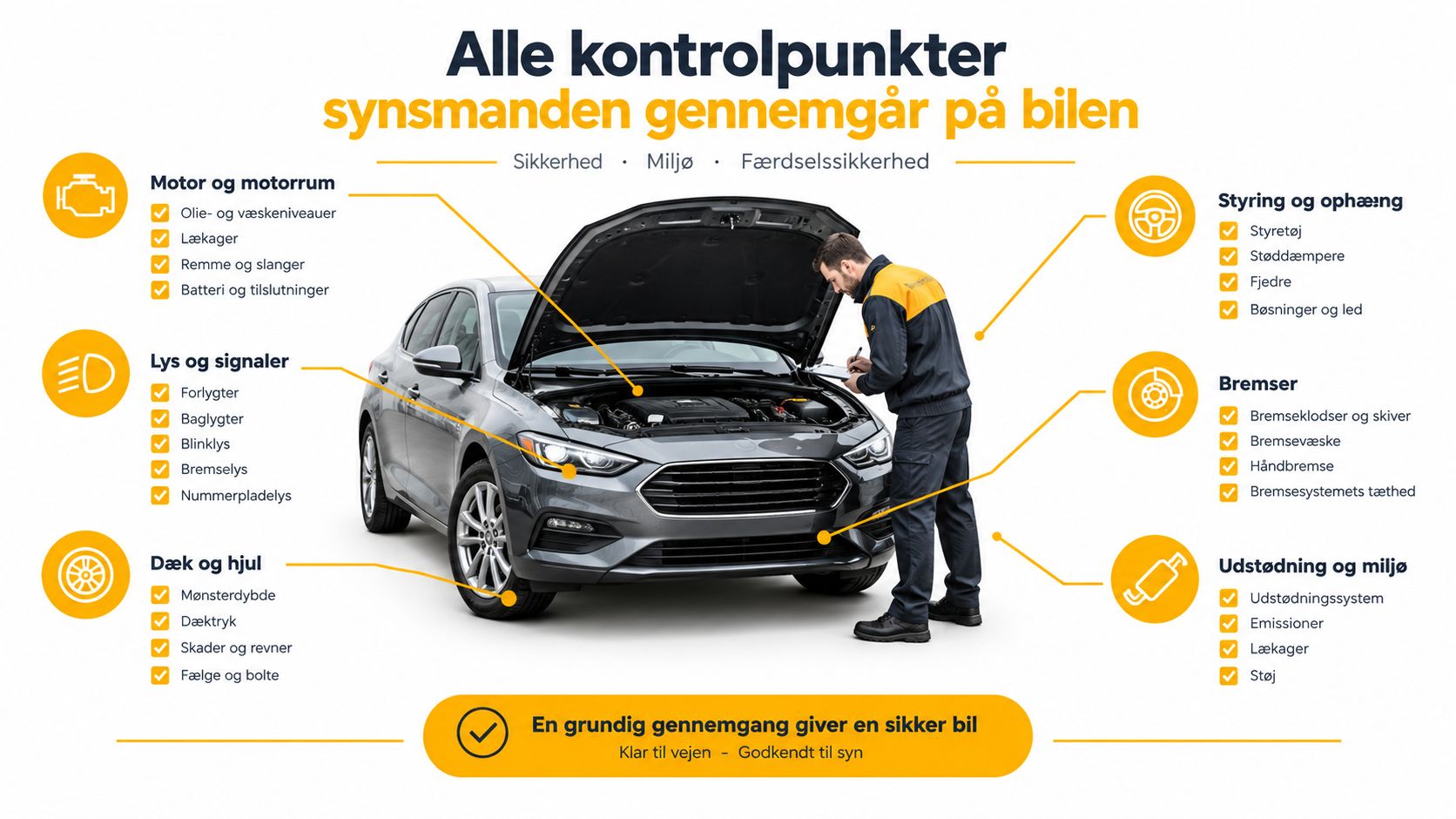 Illustration af bilsyn med kontrolliste over kritiske punkter der gennemgås for sikkerhed og miljø på bilen.